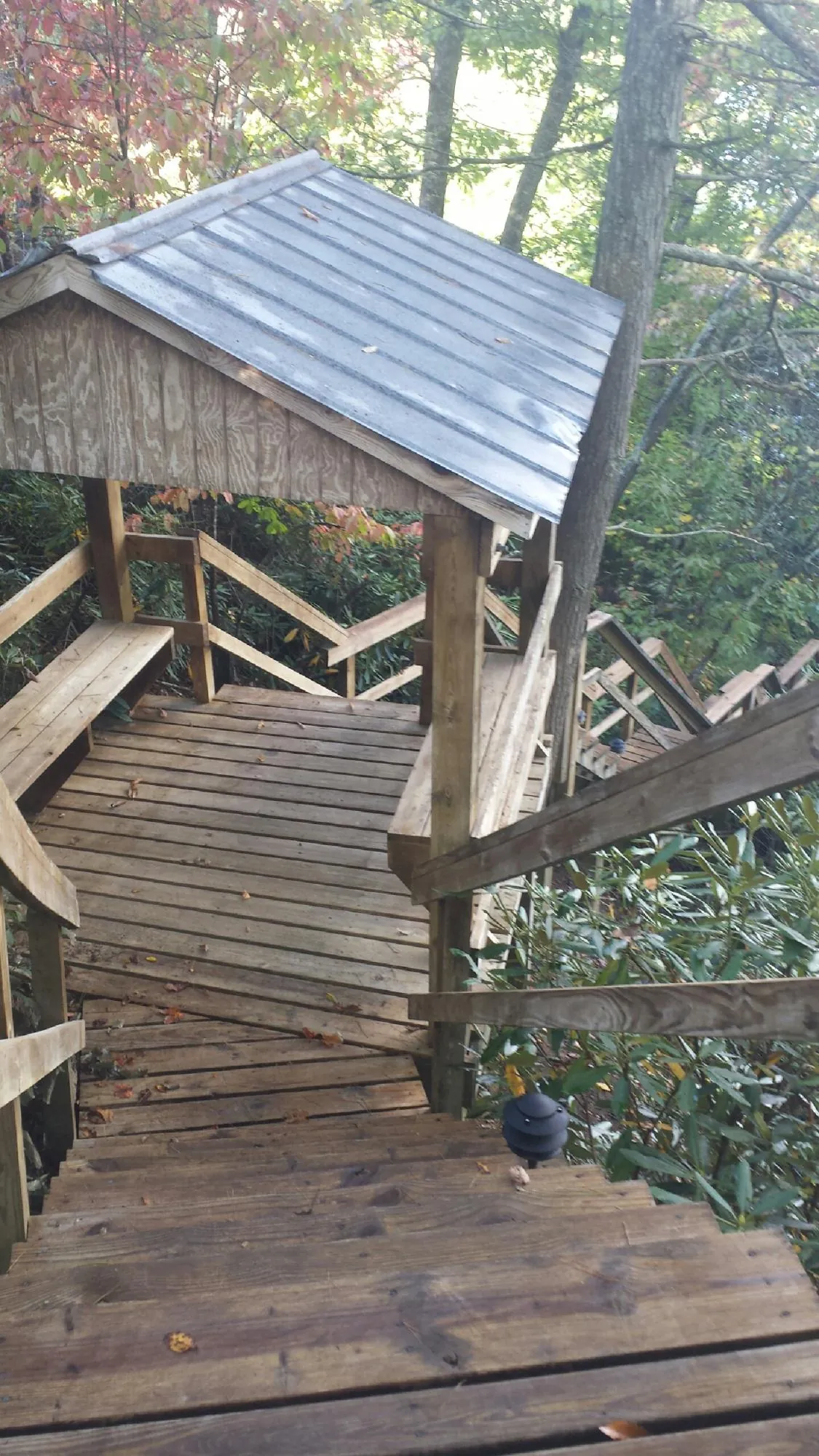 Metal roofed shelter over wooden steps on a wooded walkway — Skylight Repair & Installation work by our crew in Casa Blanca